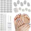 DUKASOU Semi Cured Gel Nail Strips & Toenail Strips 2 Set (Shiny Silver), Gel Nail Stickers Wraps, Long Lasting, Gifts for Women, Works with UV Lights, Includes Prep Pads, NailFile & Wooden Stick