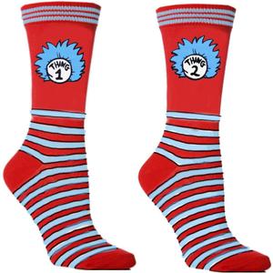 Funny Crazy Character Socks,Red and Blue Striped World Book Day Costume Socks Mid Calf Crew Sock,Cat Book Characters Costume Accessories for Womens Mens