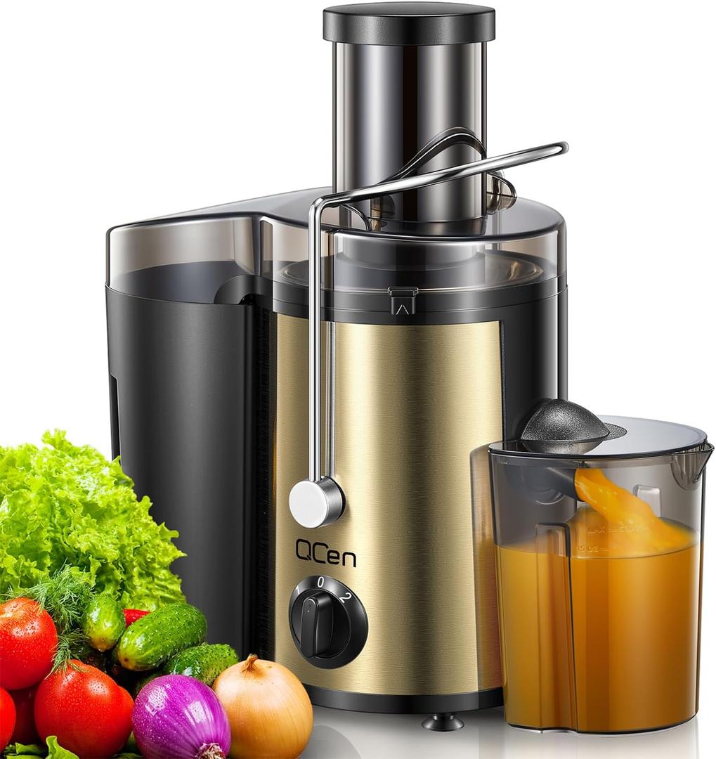QCen Juicer Machine, 500W Centrifugal Juicer Extractor with Wide Mouth 3 Feed Chute for Fruit Vegetable, Easy to Clean, Stainless Steel, BPA-free (Gold)