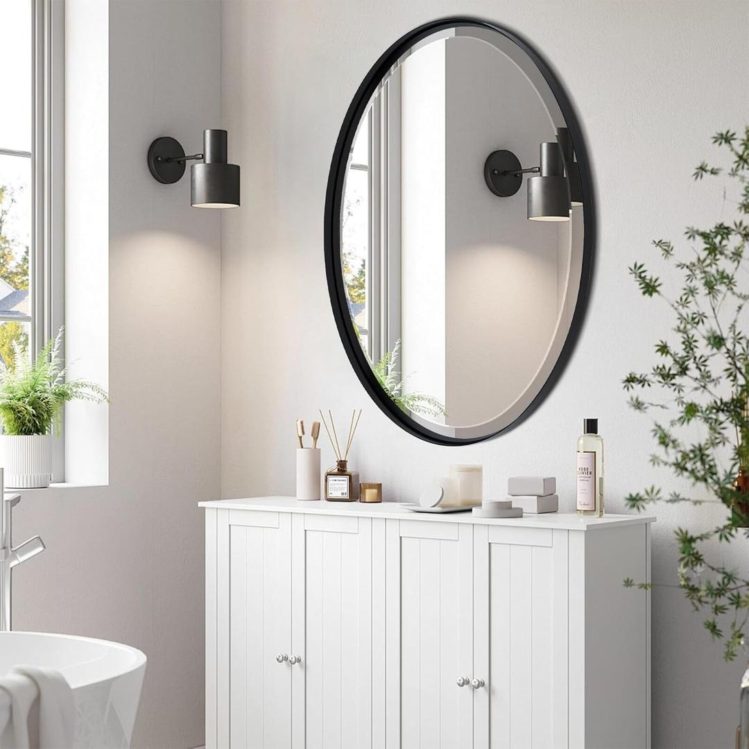 POZINO Oval Beveled Mirror, 24"x36" Bathroom Mirror for Over Sink, Rounded Mirrors for Bathroom, Modern Oblong Vanity Wall Mirror in Premium Stainless Steel Frame Hangs Horizontal Or Vertical