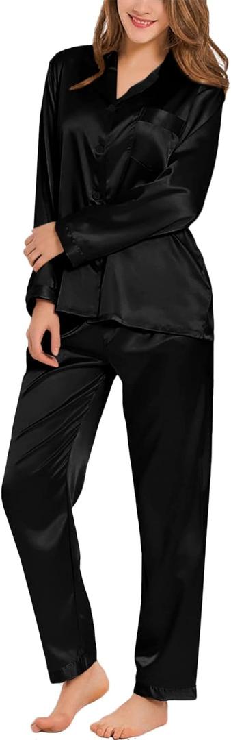 SWOMOG Long Sleeve Pajamas Set Silk Satin Sleepwear Button Down Pjs Loungewear with Pocket (Black, M)