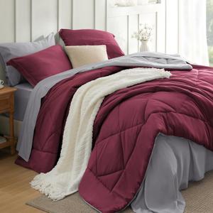 Bedsure Queen Comforter Set - 7 Pieces Reversible Burgundy Bedding, Queen Size Bed Set for All Seasons, Bed in a Bag with Down Alternative Comforter, Sheets, Pillowcases & Shams