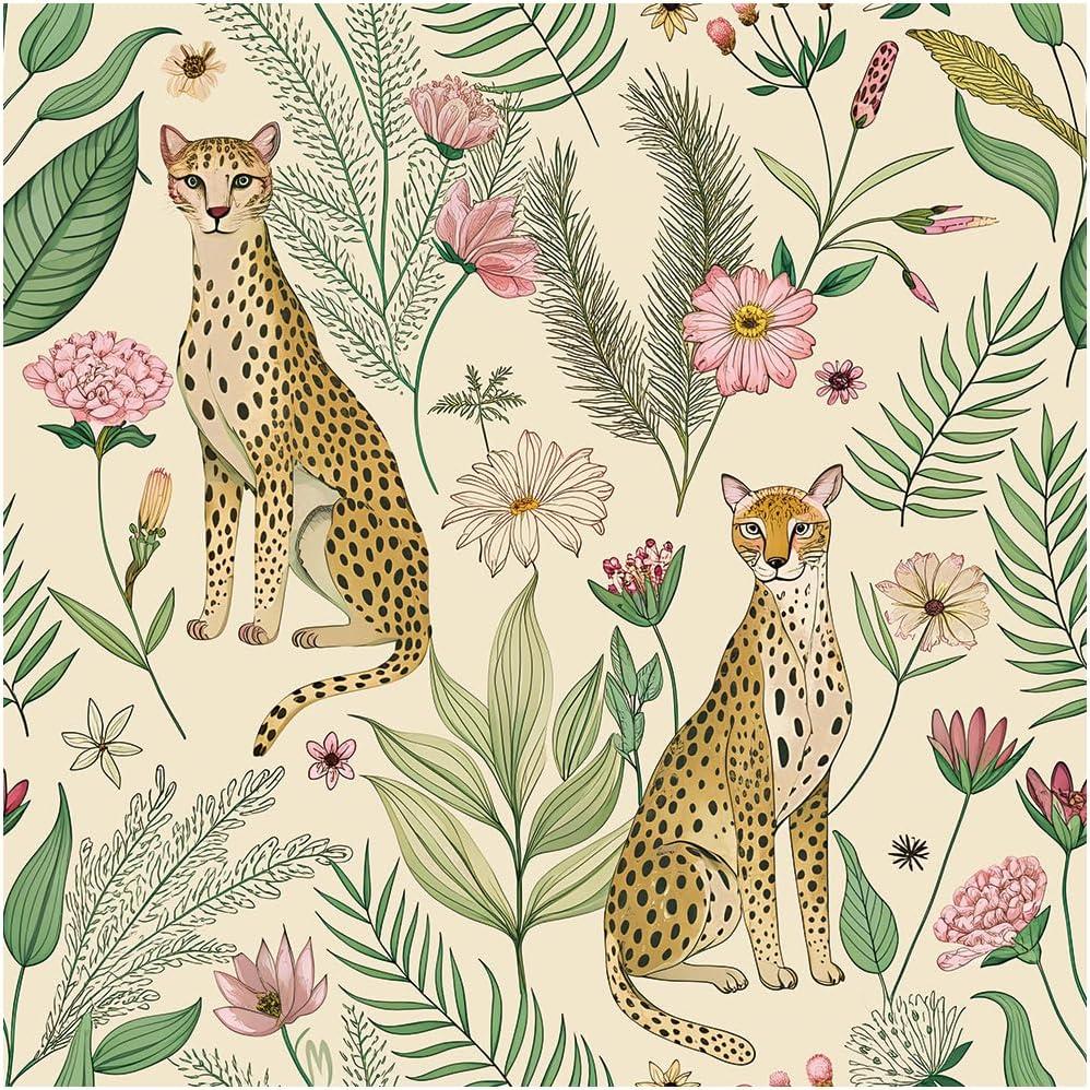 Floralplus Peel and Stick Wallpaper Leopard Jungle Removable Wallpaper for Bathroom Renter Friendly Wallpapers Self Adhesive Animal Floral Contact Paper for Accent Wall 17.5 x 118 in