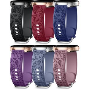 SNBLK Floral Engraved Bands Compatible with Samsung Galaxy Watch Band 7 6 5 4 Active 2 40mm 44mm/ 5 Pro/ Watch 3, 6 Pack 20mm Flower Soft Silicone Replacement Strap for Samsung Watch 7 Bands for Women