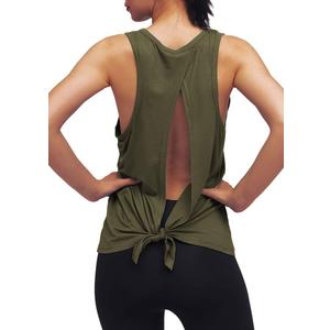 Womens Workout Yoga Tops Open Back Shirts Tie Back Tank Tops with Adjustable Fit (Green, S)