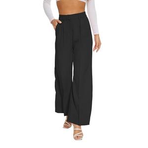 FUNYYZO Women Suit Pants Wide Leg Pants High Elastic Waisted in The Back Business Work Trousers Long Straight Black, XL