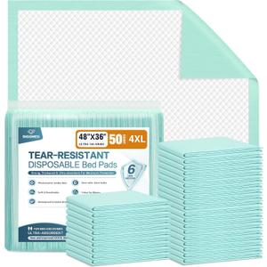 BIGGMED Tear-Resistant Disposable Bed Pads 48" x 36" 50 Count Underpads Extra Large Incontinence Bed Pads Heavy Duty Absorbency Chux Pads Pee Pads for Adult Elderly Puppy Pads for Training