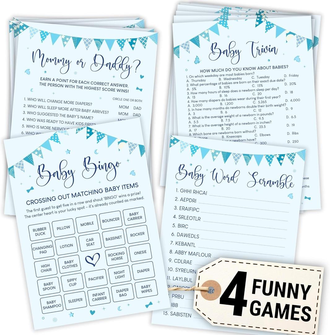 Hilarious Baby Shower Games Boy - 4 Funny Baby Games For Baby Shower Boy Decorations, Baby Shower Bingo Games Boy, Blue Baby Trivia Card, Baby Word Scramble Mommy Or Daddy Game For 25 Guests