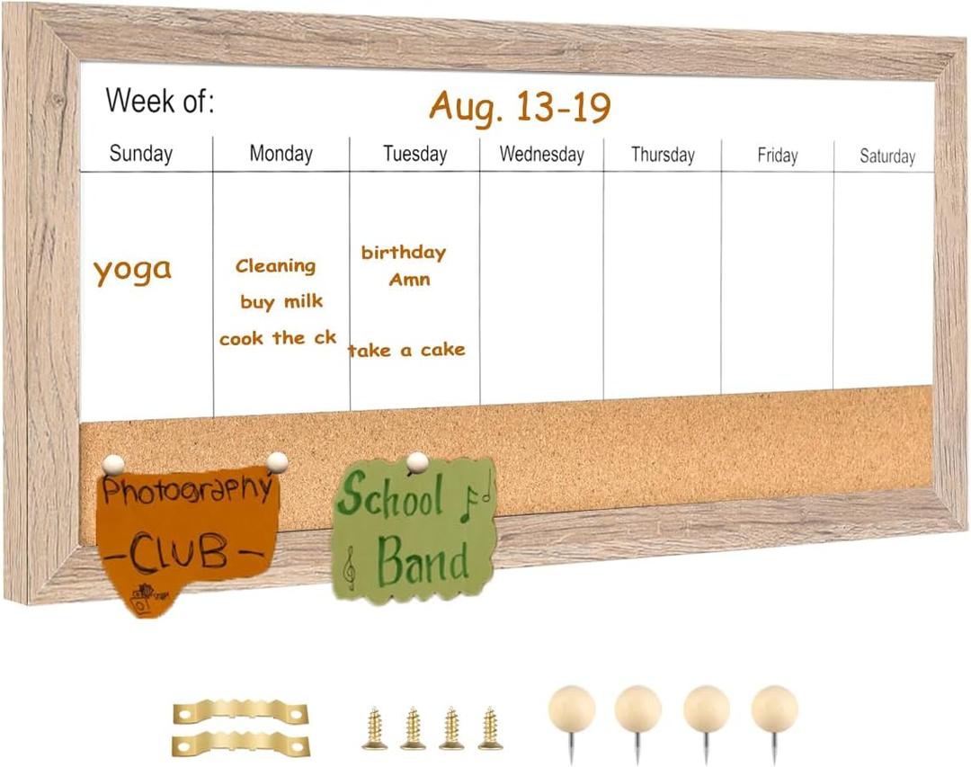 Magnetic Weekly Dry Erase White Board and Cork Board,Rustic Brown Wood FrameMagnetic Surface Whiteboard for Home Office and Wall Decor(ZHZL-2040QZ) (16"W x 7.9"H)