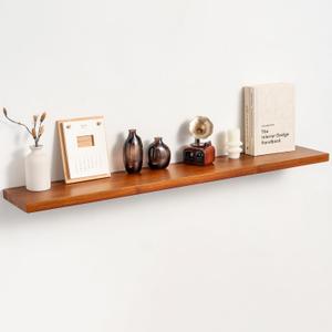 48" Solid Teak Floating Wall Shelf - Large Natural Wood Long Shelving for Wall Decor and Organization - Waterproof Solid Wood Support for Bathroom and Kitchen High-Moisture Areas, 48"W, Set of 1