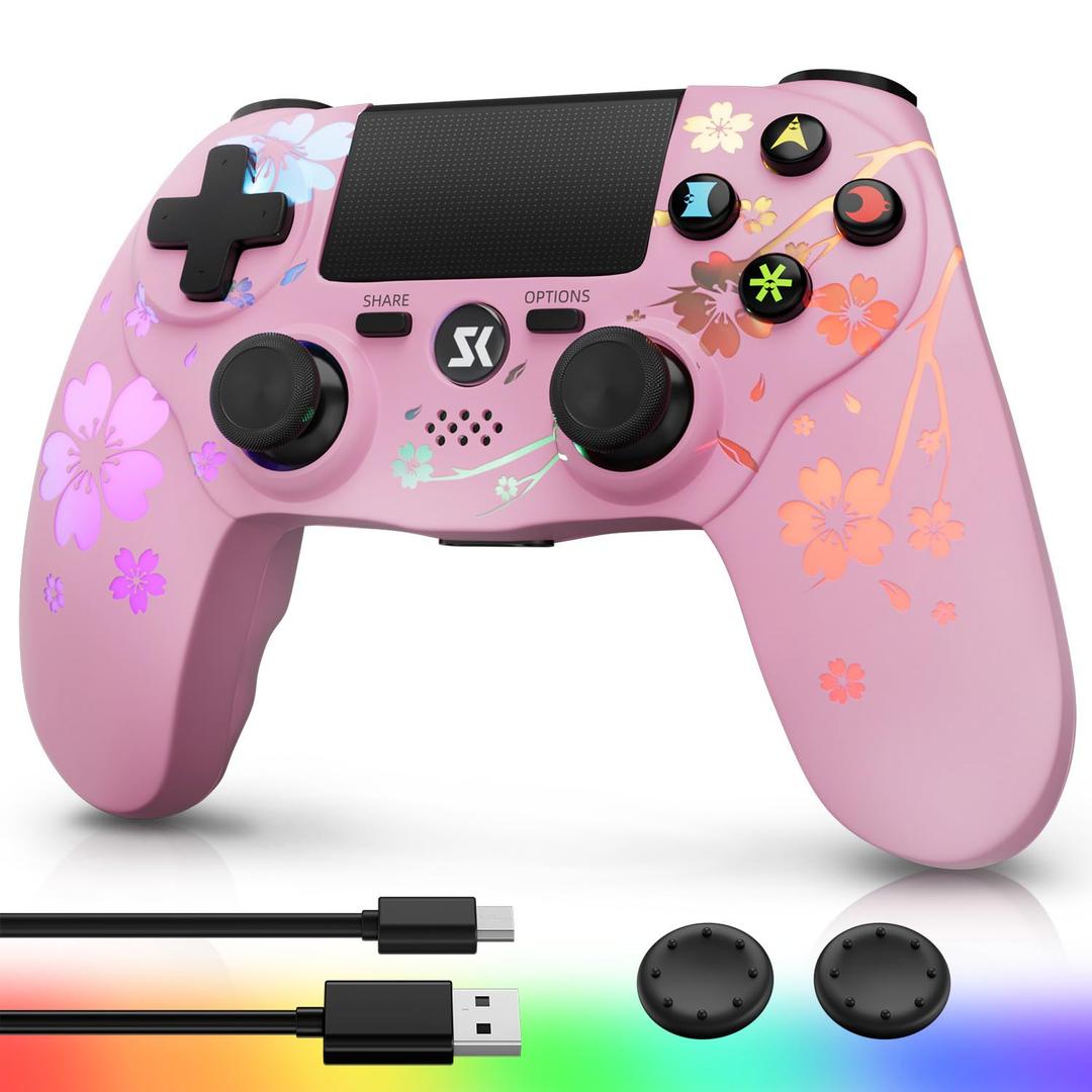 Kujian Wireless Controller for PS4 with RGB LED Modes, Gaming Remote for PS4 with1000mAh Battery/Dual Shock/6-Axis Gyro/3.5mm Audio Jack/Speaker, Gaming Controller for Playstation 4/PS3 (Pink)