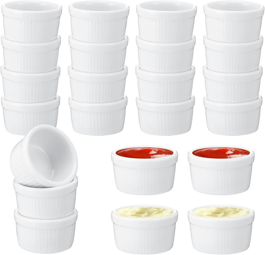 24 pcs Mini Ramekins, Ramekin, Ceramic Creme Brulee Ramekins, White Custard Cups, Small Dipping Bowls for Kitchen Serving Sauce Condiments, Baking Bakeware