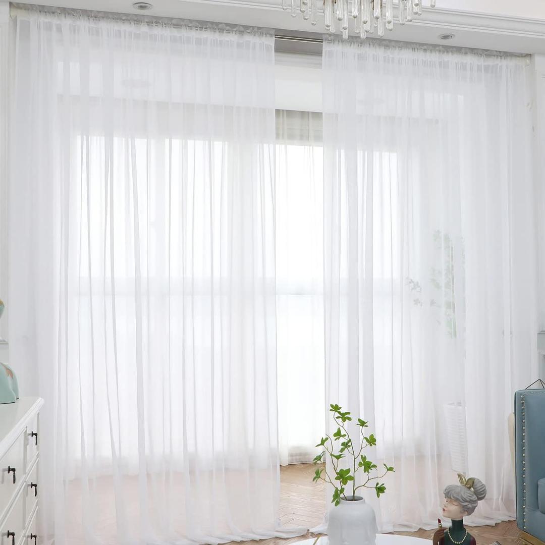 Basic Rod Pocket Panel Curtains - 95" Long, 2 Panels, Sheer White for Bedroom, Living Room, Kitchen (52" W x 95" L | 2 pcs)