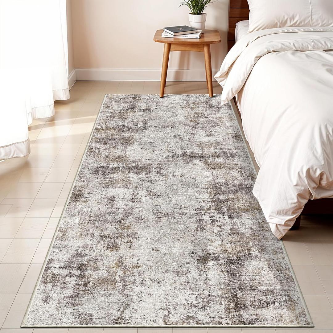 3x6 Washable Entryway Runner Rug: Non Slip Wide Hallway Runners Easy-to-Clean - Soft Living Room Bedroom Kitchen Carpet - Thin Low Pile Printed Floor Mat for Dining Room Beige Brown