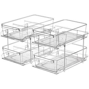 2 Set, 2 Tier Clear Organizer with Dividers for Cabinet, Shlef, Counter - MultiUse Slide-Out Storage Container - Kitchen, Pantry, Medicine Cupboard Bins, Bathroom, Vanity Makeup, Under Sink Organizing (8" W - 2 Set)