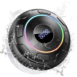 Hupoaf Bluetooth Shower Speaker, Wireless Bluetooth 5.3, HD Sound, Portable Speaker with Suction Cup/Hook, IPX7 Waterproof, with LED Light/Time Display, for Bathroom/Outdoor/Party/Beach/Kayak/Gift (Dark-black)