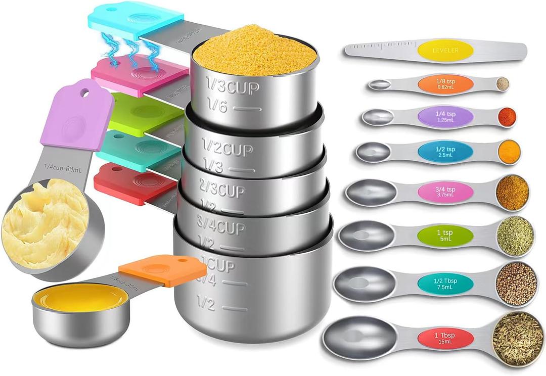 Magnetic Measuring Cups and Spoons Set, 7 Nesting Stainless Steel Measuring Cup Set with Easy to Read Markings, 7 Magnetic Measuring Spoons & 1 Leveler for Measuring Dry or Liquid Ingredients