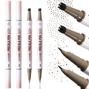 UCANBE 2PCS Dual-Ended Freckle Pen & Freckle Stamp - Precise 15 Curved Tip Makeup Waterproof & Smudge Proof, Long Lasting Faux Freckles Pencils (01 Light Brown+03 Chestnut)