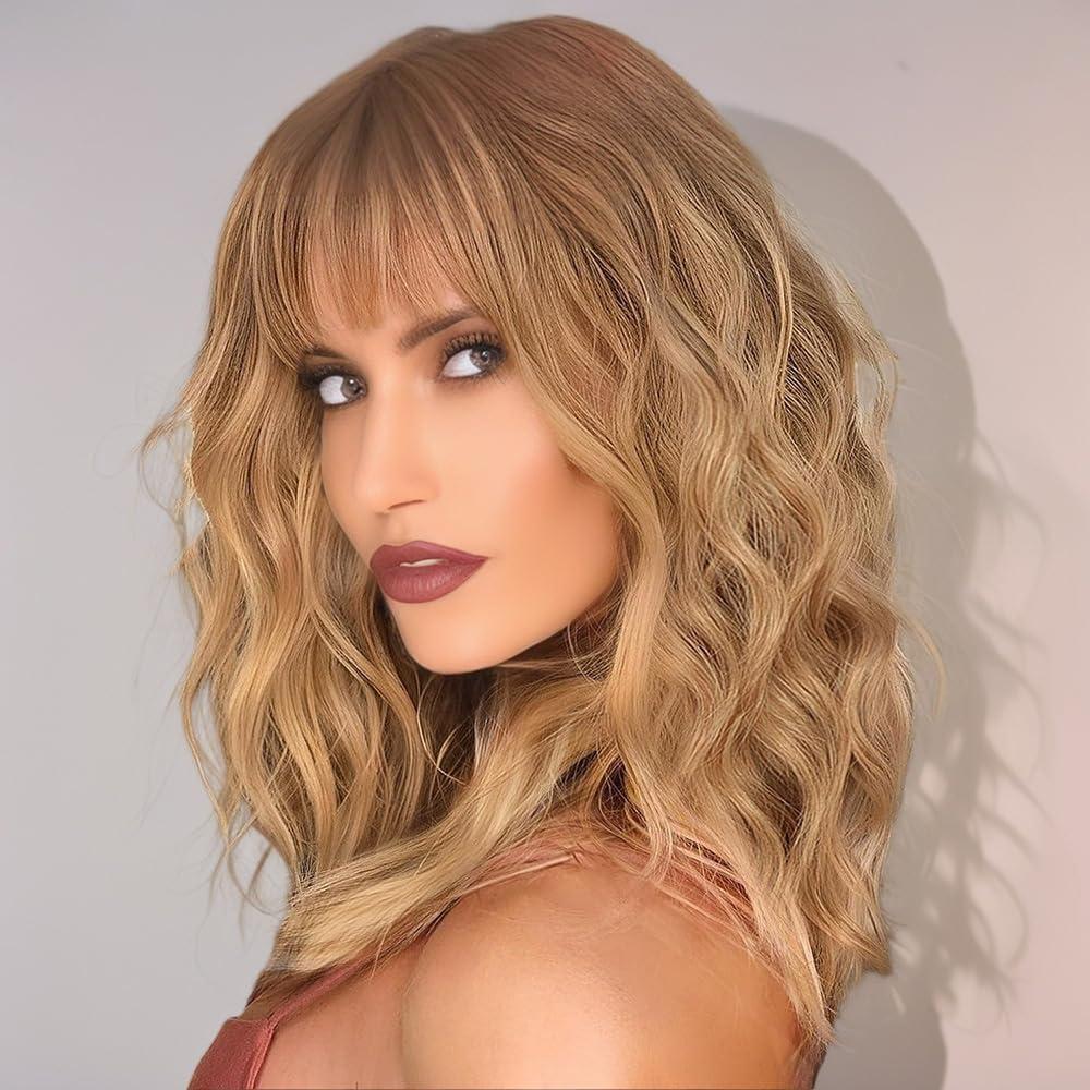 Blonde Wig with Bangs for Women Colorful Charming Synthetic Wigs Shoulder Length Curly Bob Wigs Heat Resistant Fiber Hair Blonde Wig for White Women Girls Use