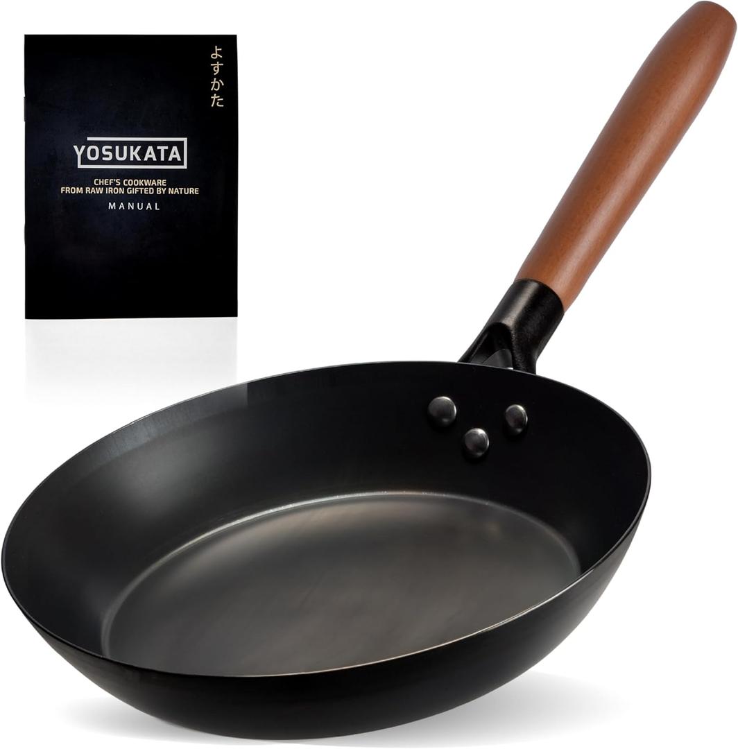 YOSUKATA 10 1/4" Carbon Steel Frying Pan  Non-Toxic Pre-Seasoned Skillet with Removable Wooden Handle  Coating-Free Wok-Style Pan for Gas, Induction, Electric, Oven & Grill BBQ
