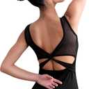 Women Long Sleeve Dance Leotard for Ballet V-Mesh Mock Neck Dancewear, Water-drop Hollow Back, Chest Lining (Medium, Black Tank)