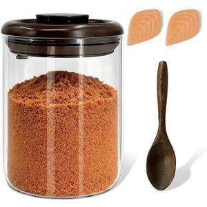 Airtight Brown Sugar Container - 0.95 Qt (900 ml) Glass Jar with 2 Clay Discs & Wooden Spoon, Moisture Proof Storage Keeps Brown Sugar Soft - Pantry Essential for Flour, Coffee, Sugar (9 inches)