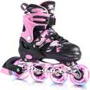Kuxuan Skates Adjustable Inline Skates for Girls Women with Full Light Up Wheels Outdoor Fun Illuminating Skates for Kids and Adult, Small (Kids 10-12 US), Pink
