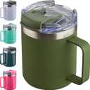 ALOUFEA 12oz Insulated Coffee Mug Cup with Handle, Stainless Steel Travel Coffee Mug with Flip Lid, Double Wall Vacuum Coffee Tumbler, ArmyGreen