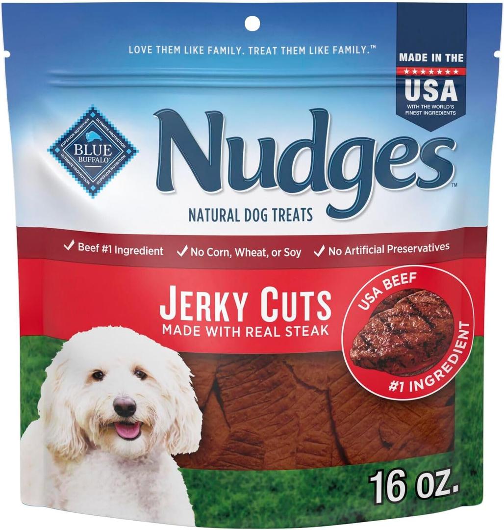 Blue Buffalo Nudges Jerky Cuts Dog Treats, Made in the USA with Natural Ingredients, Steak, 16-Oz Bag, BB Date 02/18/2027