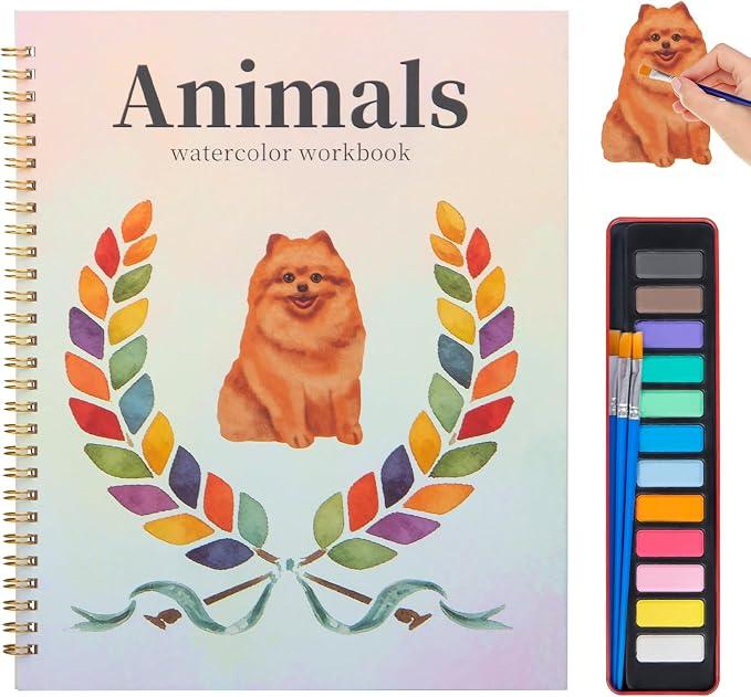 Beginner Watercolor Painting Kit, 12 Colors & 3 Brush with Multi-Theme Painting Set, Outline Art Supplies for Teens Adults (Dog)，10.23 * 8.26in.