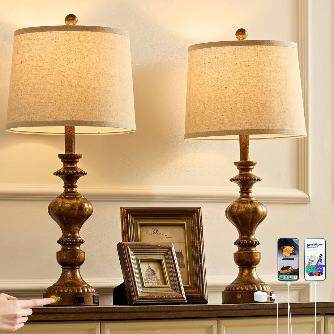 27.5" Farmhouse Table Lamps Set of 2 Bedside Nightstand Lamp with USB C+A Ports & AC Outlet, 3 Way Dimmable Touch Lamps for Bedroom Living Room Office Hallway Rustic Traditional Lamp (Copper)