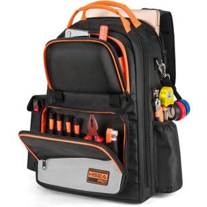 HISEA Tool Backpack, 18-Inch Heavy Duty Tool Bag with 37 Pockets, 1680D Waterproof Pro Tools Organizer and Storage for Electricain, Mechanic, Plumber with Laptop Compartment