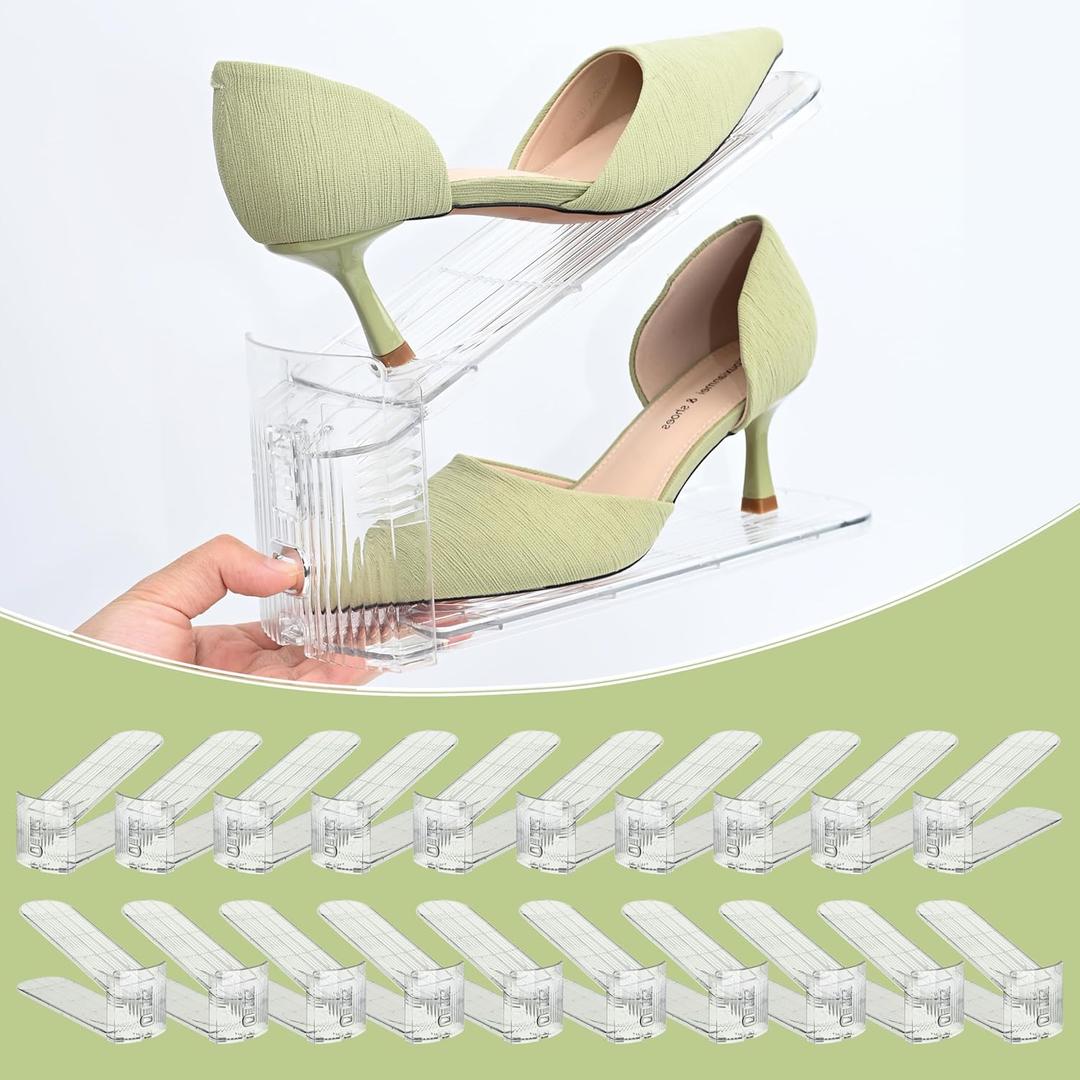 Clear Shoe Slots Organizer for Closet, 20-Pack Adjustable Shoe Stacker & Space-Saving Shoe Storage for a Variety of Spaces, Double Deck Organizer (Transparent) Clear Shoe Slots Organizer for Closet, 20-Pack Adjustable Shoe Stacker & Space-Saving Shoe Storage for a Variety of Spaces, Double Deck Organizer (Transparent)