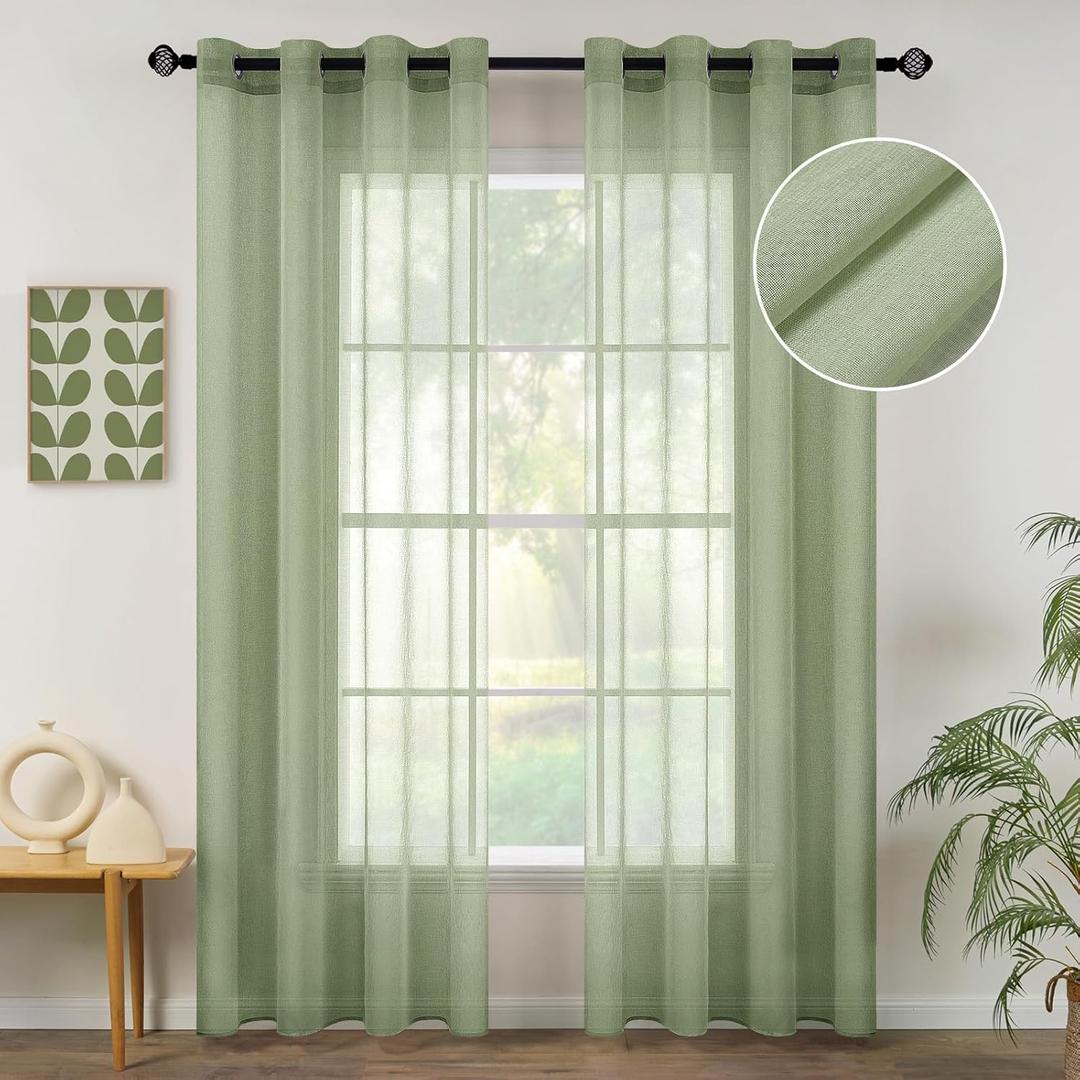 MIULEE 2 Panels Sage Green Semi Sheer Window Curtains Spring Elegant Grommet Top Window Voile Drapes/Treatment Linen Textured Light Green Panels for Bedroom Living Room (54X84 Inches)