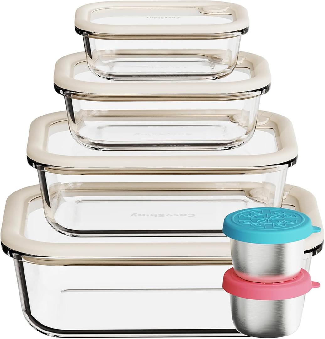 COSYSHINY Glass Food Storage Containers with Silicone Glass Lids, Stainless Steel Salad Dressing Containers, LeakProof Food Containers Set, 4pack 12213550 oz（White）