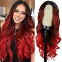 Red Wavy Wig 26 Inch Long Red Ombre Wigs for Women Ombre Red Middle Part Wig Synthetic Heat Resistant for Daily Party Use (Ombre Red 26 Inch)