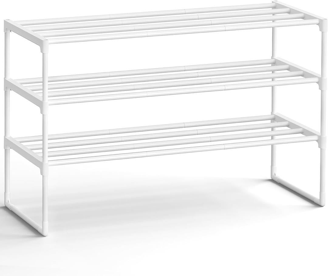SONGMICS Shoe Rack, 3-Tier Shoe Organizer, Metal Storage Shelf, Upright or Upside Down, for 16-20 Pairs, Stackable, for Entryway, 11.8 x 36.2 x 21.7 Inches, Pearl White ULSA303W03