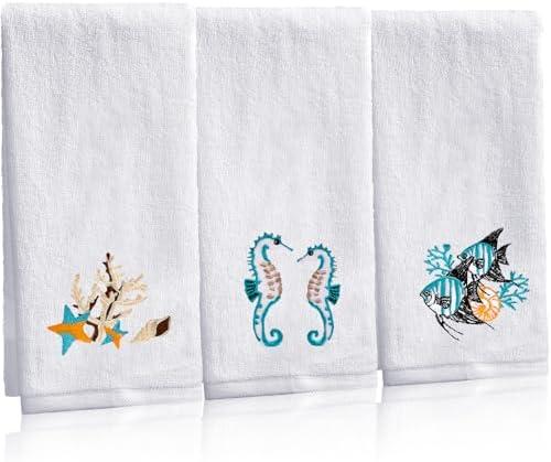 SmoothNovelty 3 Pcs Summer Beach Hand Towels for Bathroom Cotton Embroidered Seahorse Coral Fish Summer Hand Towels Decorative Coastal Washcloth Soft Absorbent for Home Drying Cleaning Cooking Gift, White