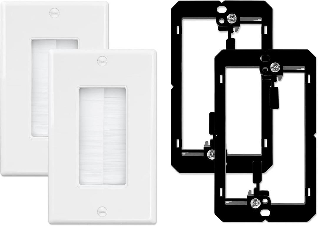 Iwillink Brush Wall Plate with Low Voltage Mounting Bracket 2-Pack, Cable Pass Through Insert for Wires, Single Gang Cable Access Strap, Wall Socket for HDTV, Home Theater Systems (white)