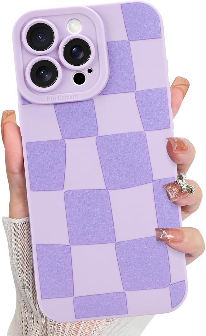 KANGHAR Compatible with iPhone 16 Pro Case, Silicone Checkered Cute Pattern, Camera Protection Soft Slim Phone Case for Phone Case -Purple