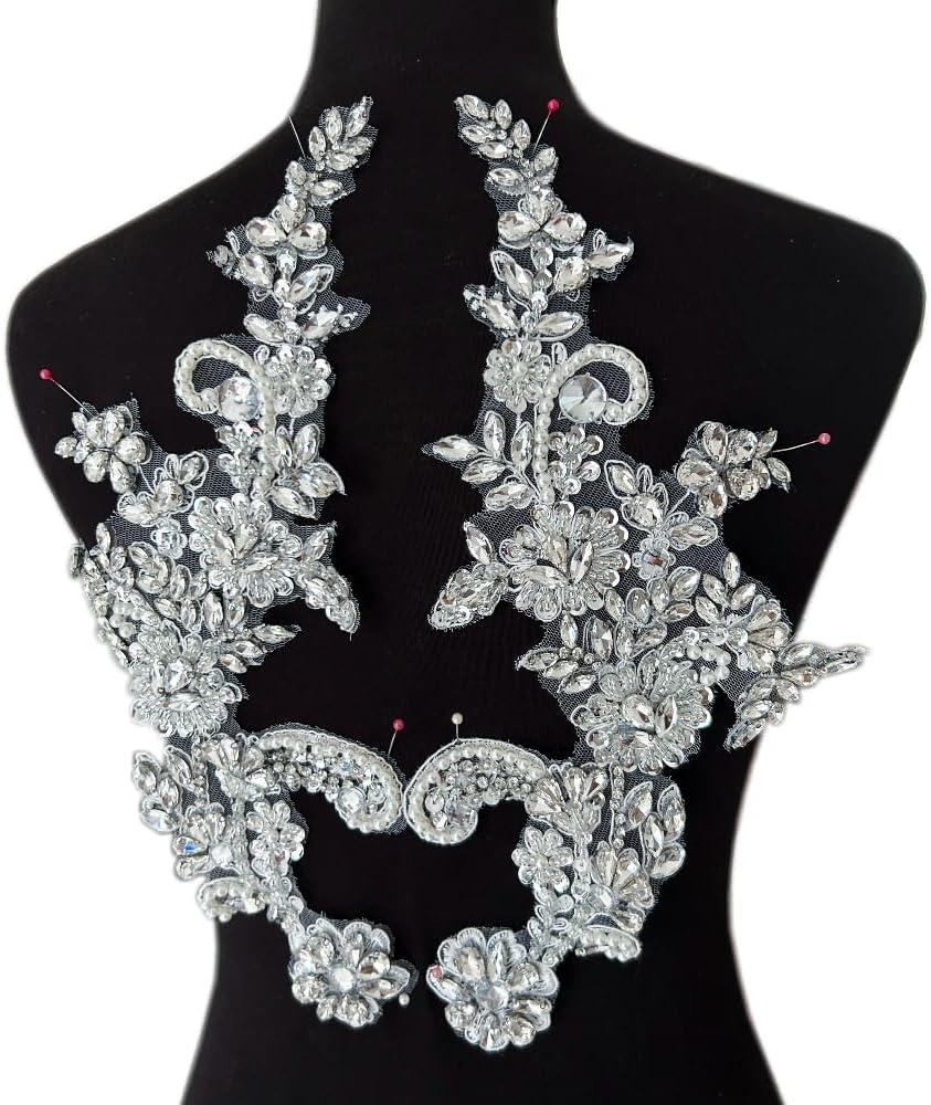 Handmade Rhinestones Applique Silver Glass Stones Beads Bling Bright Crystal White Lace Patches Bodice Accessories for Weding Dress Decorations, 15x33cm