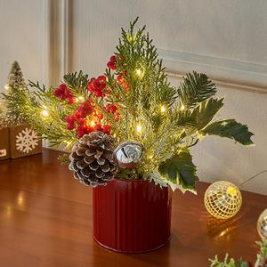 BellDesigns Artificial Flower with Red Bucket，Christmas centerpieces for Tables, Pre-lit Artifical Small Tabletop Christmas Tree with USB Power for Home, Office and Holiday Table DIY Christmas Décor