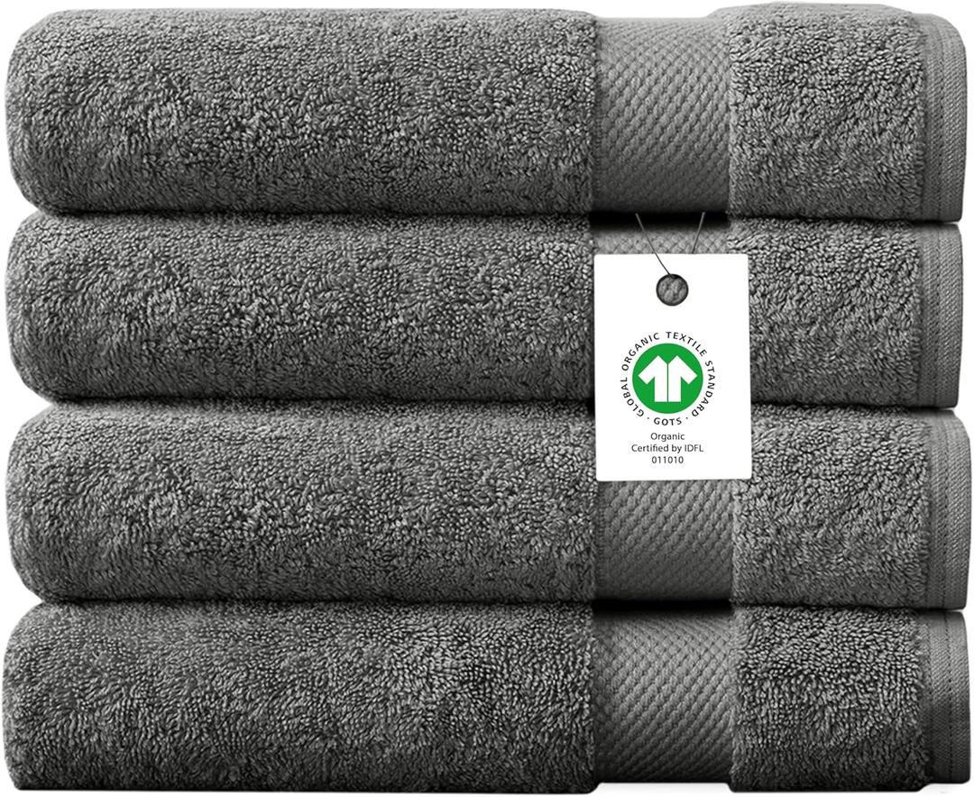 Delara Organic Cotton Luxuriously Plush Bath Towel Pack of 4 | GOTS & OEKO-TEX Certified | Premium Hotel Quality Towels | Feather Touch Technology|650 GSM Long Staple|Soft, Quick Dry & Ultra-Absorbent (Dark Grey)