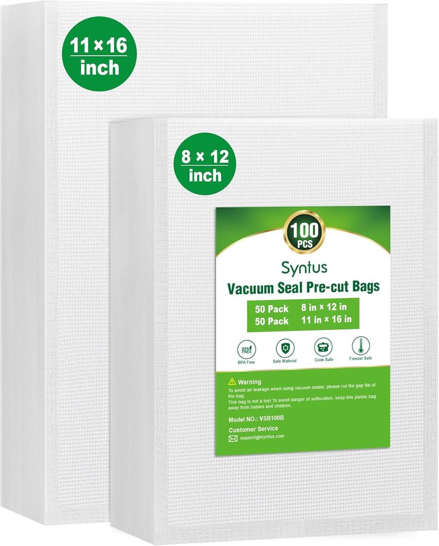 Syntus Vacuum Sealer Bags, 100 Gallon 11" x 16" and Quart 8" x 12" Commercial Grade PreCut Bag, BPA Free Food Vac Bags for Storage, Meal Prep or Sous Vide