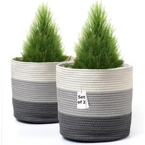 Hallops Woven Planter Basket - Indoor Plant Basket for Flowers Herbs Succulents - Multi-Use Storage Organizer - Set of 2 - White and Grey - Stylish and Versatile Design
