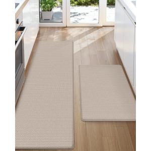 Color&Geometry Anti Fatigue Cushion Padded Kitchen Mat for Floor - 17x29+17x59,Easy Clean, Water & Oil Proof, Anti Slip, Foam Rubber Runner Rug for Front Sink Comfort Standing,Dark Beige, Set of 2