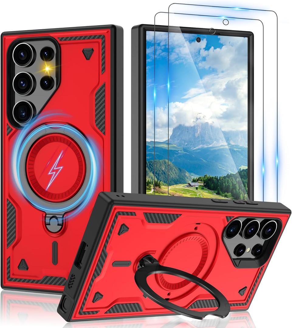 for Samsung Galaxy S24 Ultra Case:Compatible with MagSafe Function,Metal Kickstand+[HD Screen Protector2],Military Grade Drop Proof Protective Magnetic Case for Galaxy S24 Ultra,Red