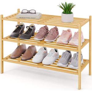 Smiry Bamboo Shoe Rack 3-Tier, Stackable Wooden Shoe Organizer for Entryway & Closet, Free Standing Wood Shoe Storage Shelf for Front Door & Small Spaces, Natural