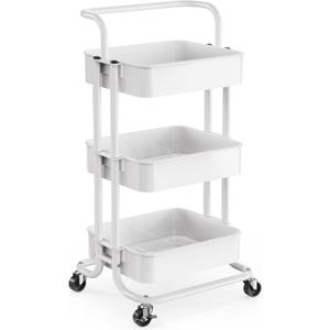 Pipishell 3 Tier Mesh Utility Cart, Rolling Metal Organization Cart with Handle and Lockable Wheels, Multifunctional Storage Shelves for Kitchen, Living Room, Office White