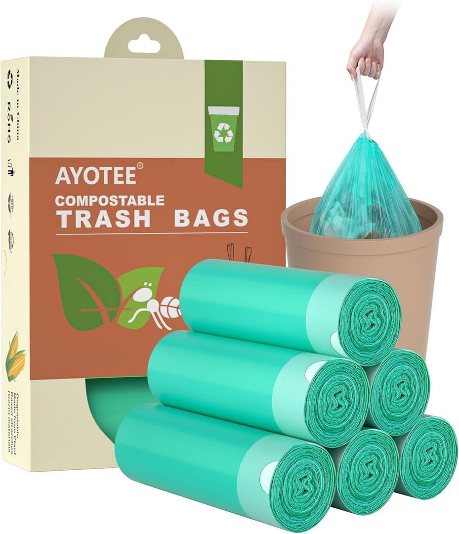 AYOTEE Compostable Trash Bags 4 Gallon Drawstring Trash Bags,100 Counts Ultra Strong Unscented Garbage Bag Small TrashBags Waste Basket Liners for Bathroom, Kitchen, Car, Pet